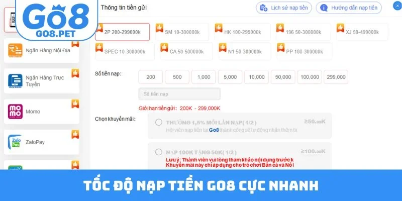 Tốc độ nạp tiền Go8 cực nhanh và uy tín